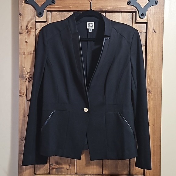 Anne Klein Jackets & Blazers - Anne Klein Black Knit Faux Leather Trim Stretch One Button Blazer Size M…